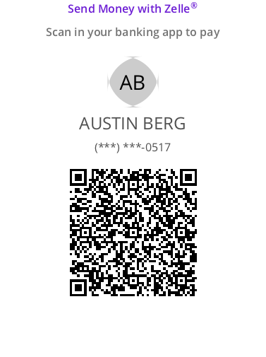 Zelle QR code to send money to Austin Berg for the honeymoon fund